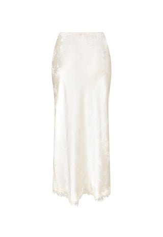 An ivory satin midi skirt with a subtle floral jacquard pattern and a delicate lace hem, shown against a plain white background.