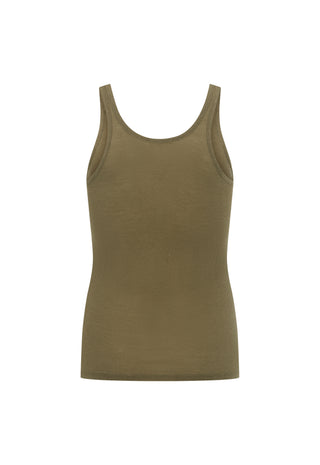An olive green ribbed tank top displayed flat against a solid white background.