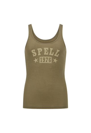 An olive green sleeveless tank top with a distressed cream graphic on the front reading 'SPELL 1976' with stars, shown against a plain white background.