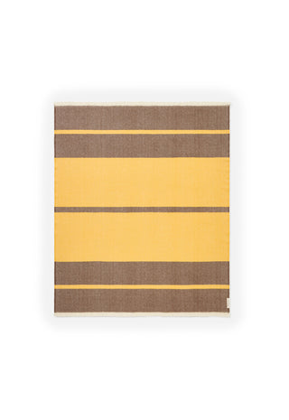 A rectangular woven textile with horizontal stripes in mustard yellow and brown, shown flat against a white background.