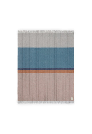 A rectangular woven throw blanket with fringe on the top and bottom edges, featuring a striped pattern of light gray, muted blue, and dusty pink with thin dark accent lines, shown on a plain white background.